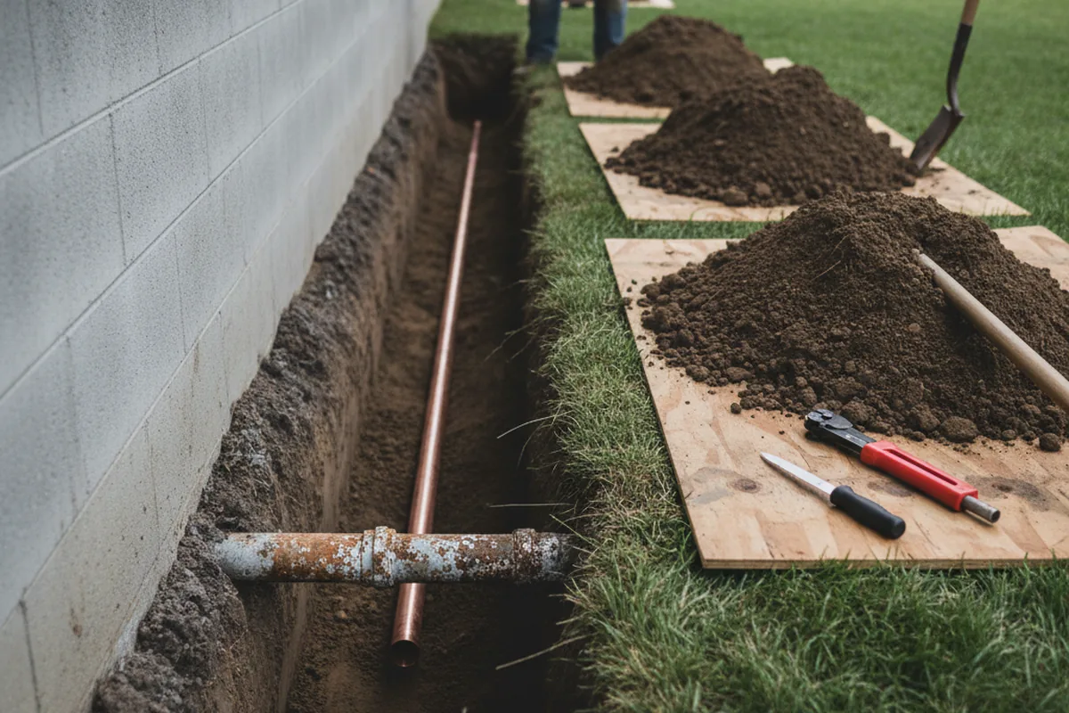 Excavated water line trench during Water Heater Repair in Flensburg